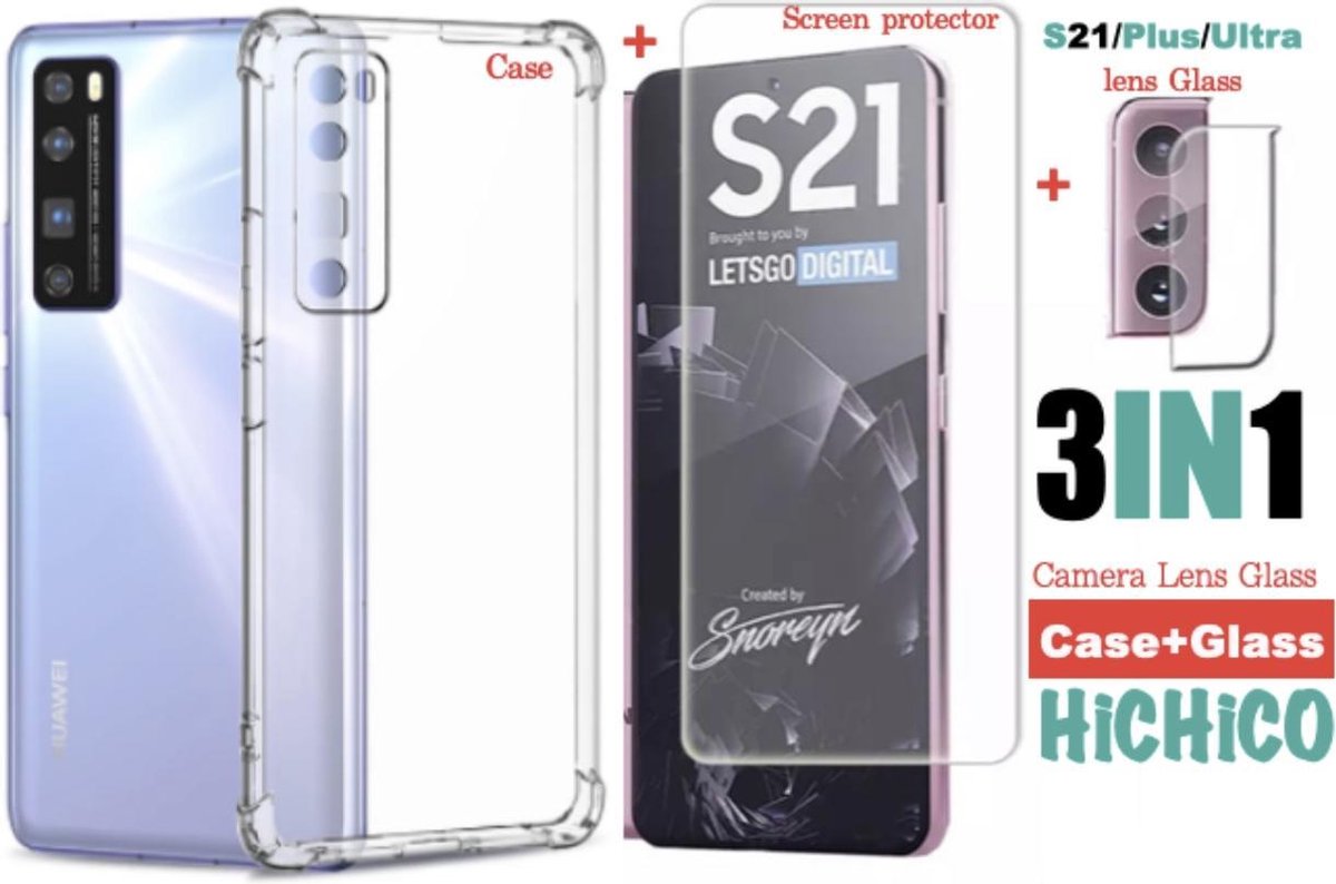 Samsung Galaxy S21 Ultra Hoes (Siliconen Case) + Screen protector Tempered Glass ( Full Cower ) + camera lens Glass Zwart - Glass - Glazen bescherming 3IN1 van HiCHiCO
