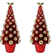 2x stuks complete mini kunst kerstboompje/kunstboompje rood/goud met kerstballen 50 cm - Kerstbomen - Kerstversiering