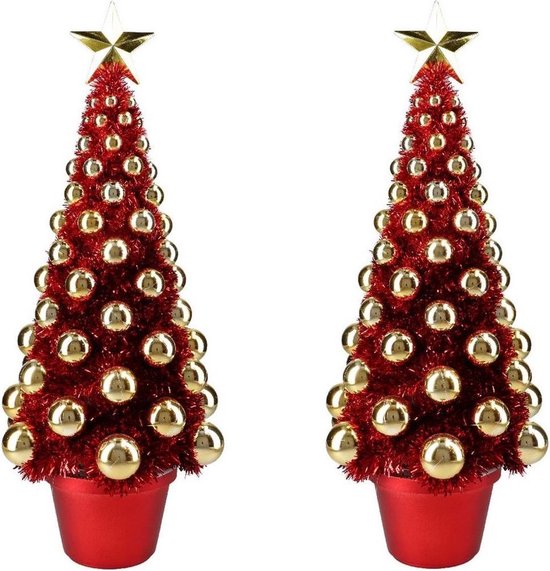 2x stuks complete mini kunst kerstboompje/kunstboompje rood/goud met kerstballen 50 cm - Kerstbomen - Kerstversiering