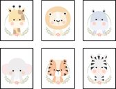 Poster Set 6 Lieve Leeuw Nijlpaard Giraf Tijger Zebra Olifant - Safari Dieren - Kinderkamer - Dieren Poster - Babykamer - Kinderposter / Babyshower Cadeau - 70x50cm - PosterCity