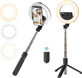 Pro Bluetooth Selfie Stick 5 inch Ring Light LED Invullicht Uitschuifbaar Opvouwbaar Selfie Stick Statief Voor Telefoon Sport Camera – Zwart