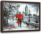 Foto in frame , Mensen in de regen , Londen ,120x80cm , Zwart wit rood , wanddecoratie