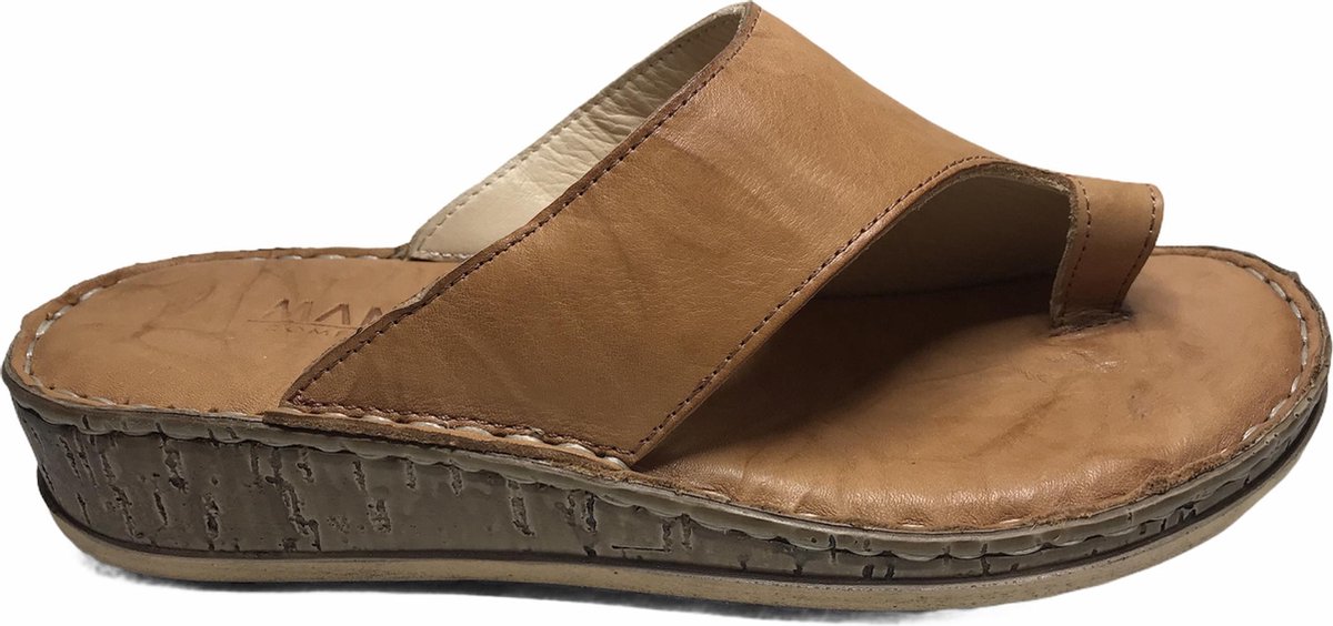 Manlisa 4 cm hoogte lederen comfort teen slippers W107-1880 Camel