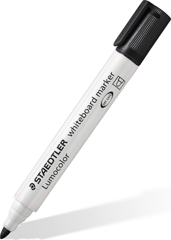 Marqueur Staedtler Lumocolor pour tableau blanc, blanc avec capuchon noir.