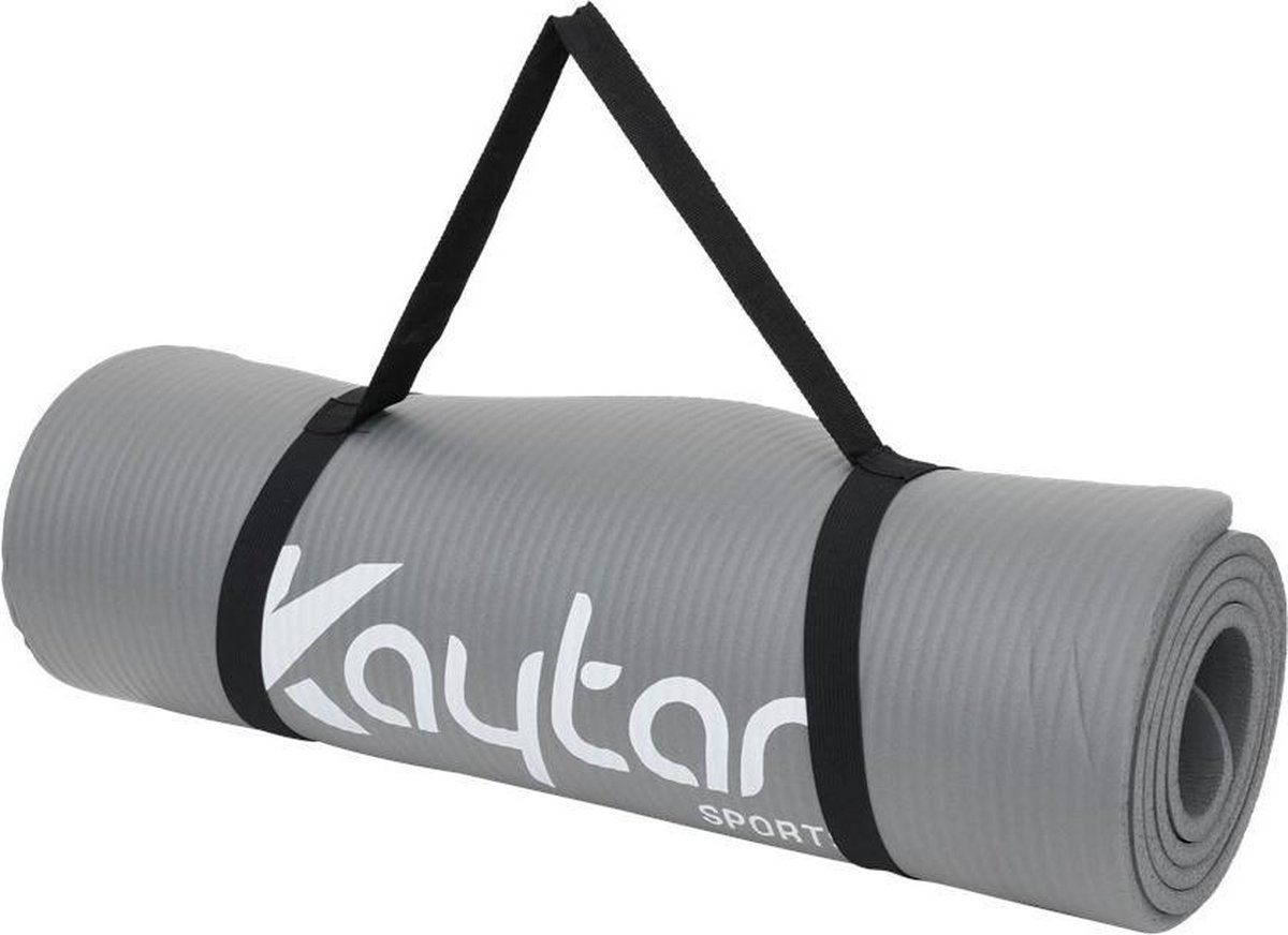 Kaytan Sports - Fitnessmat - Sportmat - 180 cm x 58 cm x 1,0 cm - Grijs - Anti slip - Extra grip - Met oefeningen op de mat! - Inclusief draagriem