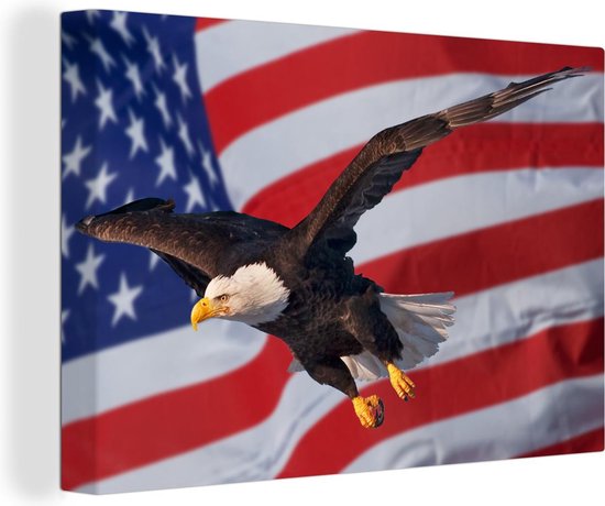 Pygargue à tête blanche devant le drapeau américain Toile 30x20 cm - petit - Tirage photo sur toile (Décoration murale salon / chambre)