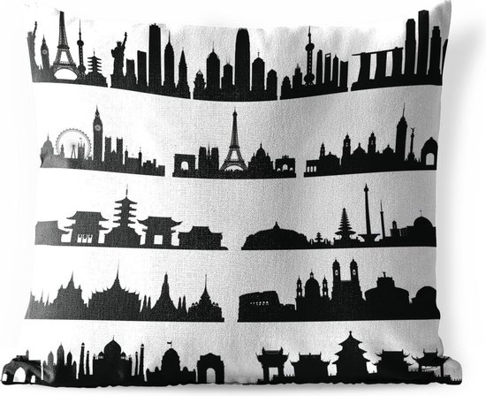 Buitenkussens - Tuin - Zwart-wit illustratie van de skyline van steden met bezienswaardigheden - 60x60 cm