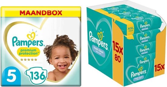 Smeltend suiker teugels Pampers Premium Protection maandbox maat 5 136 luiers en Fresh Clean  1200... | bol.com