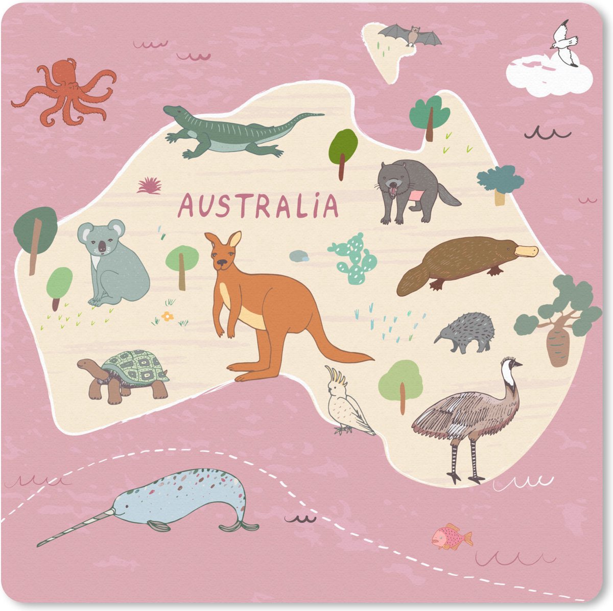 Muismat Wereldkaart met dieren - Kaart van Australië met dieren in het roze muismat rubber - 20x20 cm - Muismat met foto