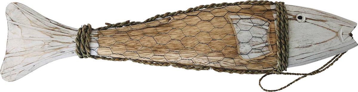 Houten Vis met IJzeren Net – Landelijke Wanddecoratie – Wit – 10 x 50 cm