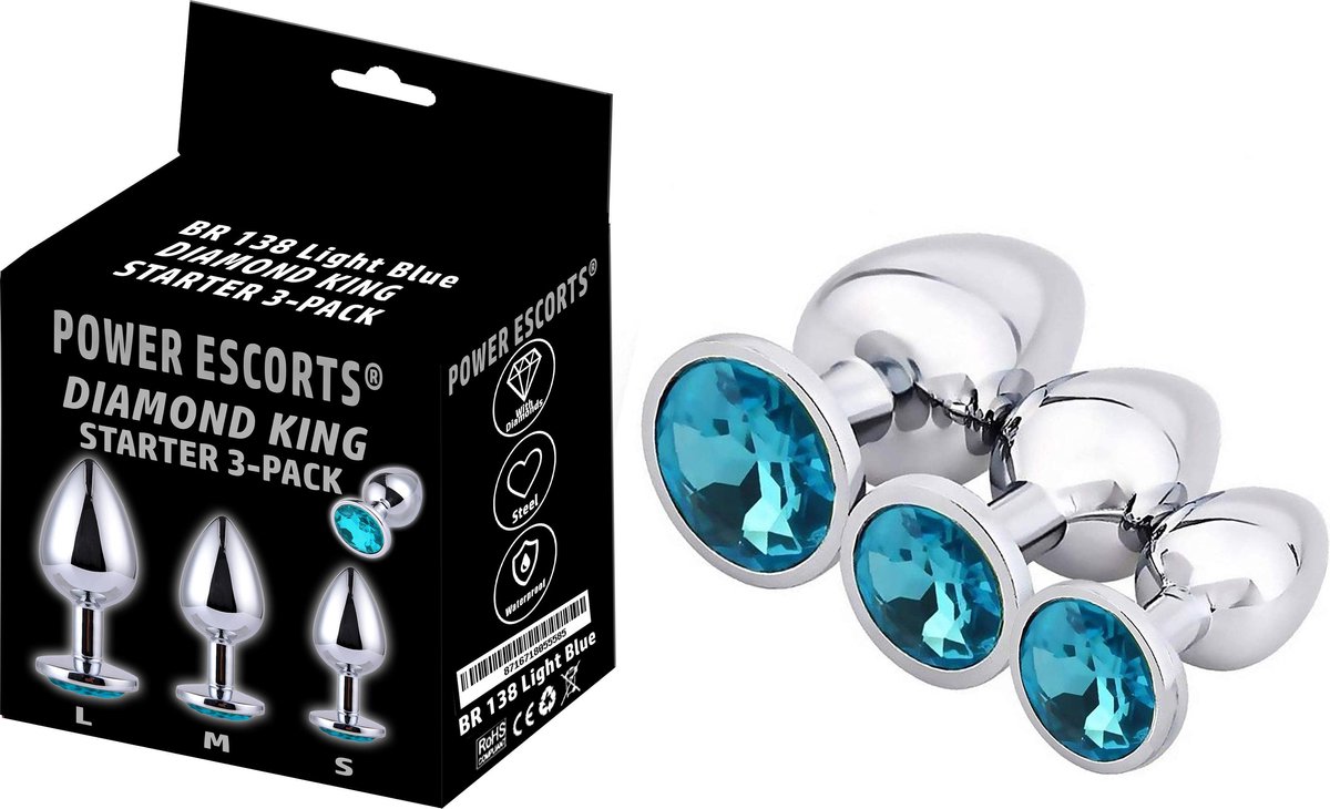 Power escorts 3 Pack Metalen Buttplug set - Licht Blauwe steen - Anal plug Starter set - BR138 - Small - Medium - Large Anaal plug set