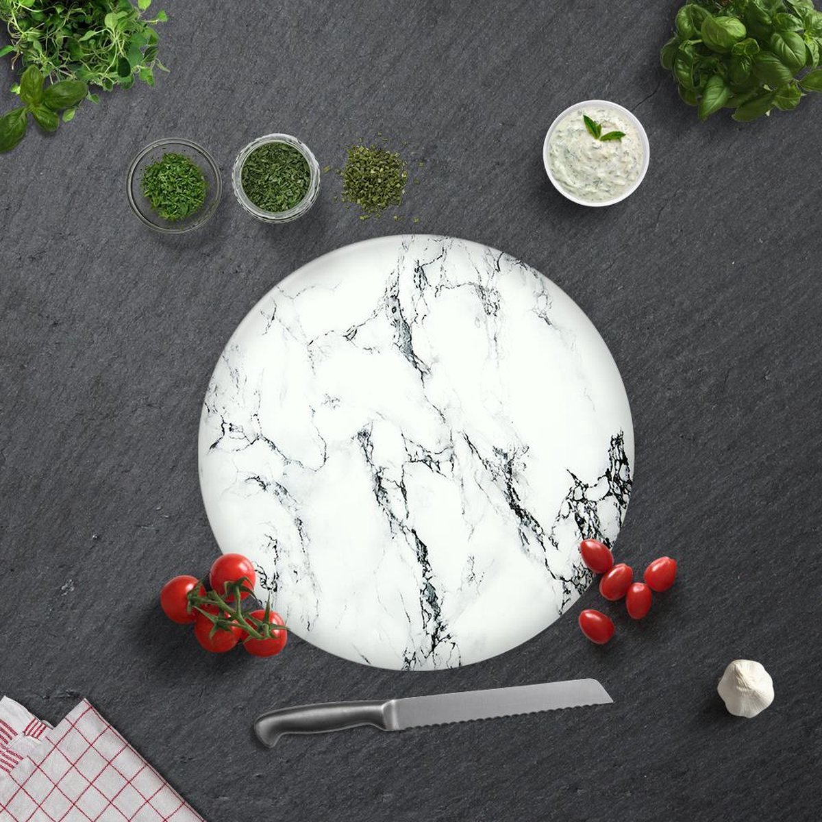 Marmerlook Tempered Glazen Snijplank Doorsnee 32 cm - Glassnijplank - Glazen