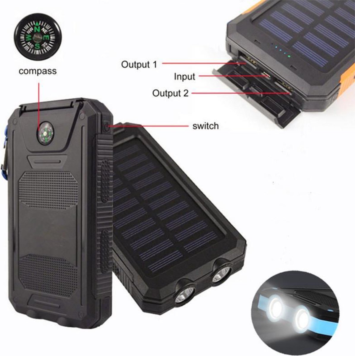 TDR - Draadloze powerbank zonne-energie, 20000mAh externe batterij, draagbare noodenergie met Type-C invoerpoorten, dubbeleLED-licht, kompas voor iPhone, Samsung en andere smartphones / mobiele telefoons