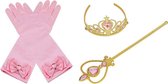 Het Betere Merk - voor bij haar prinsessenjurk meisje - Prinsessen speelgoed meisje - Kroon meisje - Speelgoed 3 jaar - Tiara - Toverstaf - Prinsessen Verkleedkleding Accessoireset - roze lange handschoenen