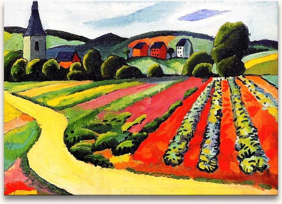 Handgeschilderd schilderij Olieverf op Canvas - August Macke – Landschap met Kerk en Weg