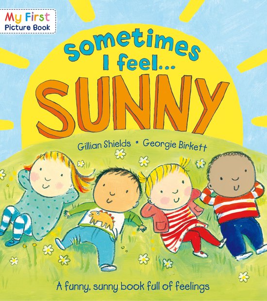 Boek 'Sometimes I Feel Sunny' met vier lachende kinderen liggend op een groene heuvel onder een gele zon.