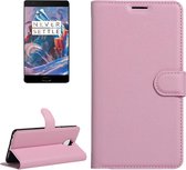 Voor OnePlus Three Litchi Texture horizontale flip lederen tas met magnetische gesp & houder & kaartsleuven & portemonnee (roze)