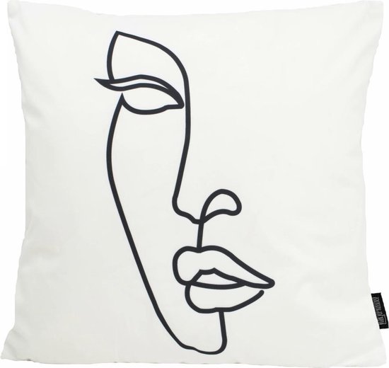 Housse de coussin Line Art Face #2 | Coton / Polyester | 45 x 45 cm | Noir / Blanc