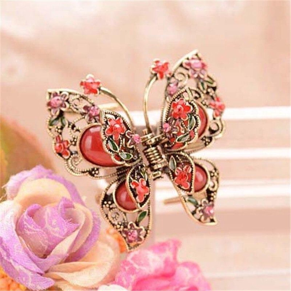 Vintage Haarklem - Metal Haarclip - Vlinder - Rood