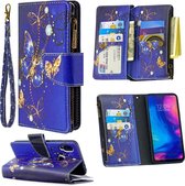 Voor Xiaomi Redmi Note 7 Gekleurd tekenpatroon Rits Horizontale flip lederen tas met houder & kaartsleuven & portemonnee (paarse vlinder)