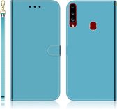Voor Galaxy A20s geÃ¯miteerd spiegelend oppervlak horizontaal flip lederen tas met houder & kaartsleuven & portemonnee & lanyard (blauw)