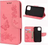 Voor iPhone 12 Pro Vintage reliÃ«f bloemen vlinder patroon horizontale flip lederen tas met kaartsleuf & houder & portemonnee & lanyard (roze)