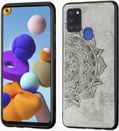 Voor Samsung Galaxy A21s Mandala ReliÃ«f stoffen hoes PC + TPU mobiele telefoonhoes met magnetische functie en draagriem (grijs)