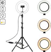 Ringlamp 90-160 cm verstelbaar met telefoonhouder| 26 cm ringlamp | Draaibaar en Kantelbaar | LED Ringlight met Statief | Tiktok instagram snapchat ringlamp |  Studio Ring lamp