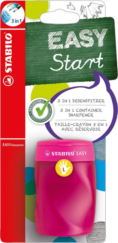 Taille-crayon STABILO EASY rose dans son emballage avec l'inscription 'EASY Start'.