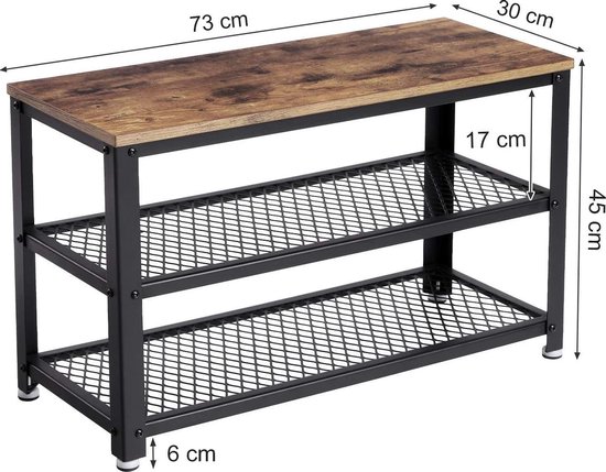 Hoppa! Schoenenbank Schoenenkast, Schoenenrek metaal voor zitten, Met 3 niveaus, voor entree, hal, woonkamer, houtlook, vintage bruin-zwart, 73 x 30 x 45 cm