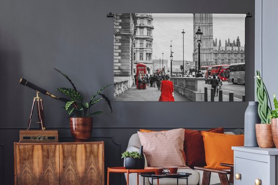 Wandkleed Rood zwart wit - Zwart-wit foto van een vrouw in een rode jurk Wandkleed katoen 120x80 cm - Wandtapijt met foto