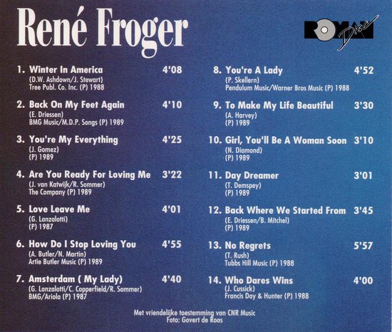 Dos de pochette : Titre "René Froger" avec liste des chansons et informations sur les pistes.