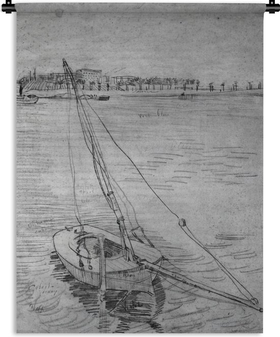 Wandkleed Vincent van Gogh - Zeilboot op de Seine bij Asnières in zwart wit - Schilderij van Vincent van Gogh Wandkleed katoen 90x120 cm - Wandtapijt met foto