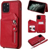 Voor iPhone 11 Pro Dubbele gespen Rits Schokbestendige achterkant Beschermhoes met houder & kaartsleuven & portemonnee & lanyard & fotolijsten (rood)