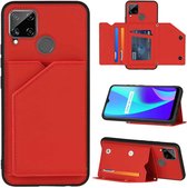 Voor OPPO Realme C15 Skin Feel PU + TPU + PC Achterkant Schokbestendig hoesje met kaartsleuven & houder & fotolijst (rood)