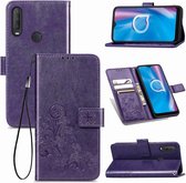 Voor Alcatel 1S (2020) vierbladige sluiting reliëf gesp mobiele telefoon bescherming lederen tas met lanyard & kaartsleuf & portemonnee & houder functie (paars)