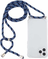 Voor iPhone 12/12 Pro schokbestendig transparant TPU-hoesje met vier hoeken en draagkoord (blauwwit)
