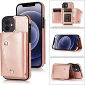 Schokbestendig PU + TPU lederen hoesje met kaartsleuven & houder & fotolijst & portemonnee & lanyard voor iPhone 12 mini (roségoud)