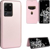 Voor Samsung Galaxy S20 Ultra Koolstofvezel Textuur Magnetische Horizontale Flip TPU + PC + PU Lederen Case met Touw & Kaartsleuf (Roze)