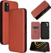 Voor Geschikt voor Xiaomi Poco M3 Carbon Fiber Texture Magnetische Horizontale Flip TPU + PC + PU Leather Case met Card Slot (Brown)