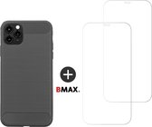BMAX Telefoonhoesje voor iPhone 11 Pro Max - Carbon softcase hoesje grijs - Met 2 screenprotectors