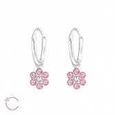Oorbellen dames | Oorringen met hanger | Zilveren oorringen met hanger, bloem met roze Swarovski kristallen