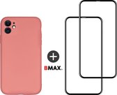 BMAX Telefoonhoesje voor iPhone 11 - Siliconen hardcase hoesje roze - Met 2 screenprotectors full cover