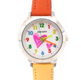 Horloge-Hart-geel en oranje lederen bandje - Kinderen-Extra batterij-Charme Bijoux