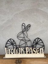 Paasdecoratie - Paasornament met 2 x ei en 1x paashaas in het zwart en tekst Vrolijk Pasen - Pasen - Paasei - Paaseieren - paasversiering - geometrisch