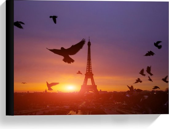 Canvas  - Vliegende Groep Vogels bij de Eiffeltoren - 40x30cm Foto op Canvas Schilderij (Wanddecoratie op Canvas)