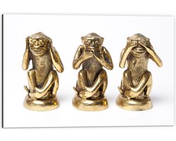 Dibond - Gouden Horen/Zien/Zwijgen Apen - 60x40cm Foto op Aluminium (Met Ophangsysteem)