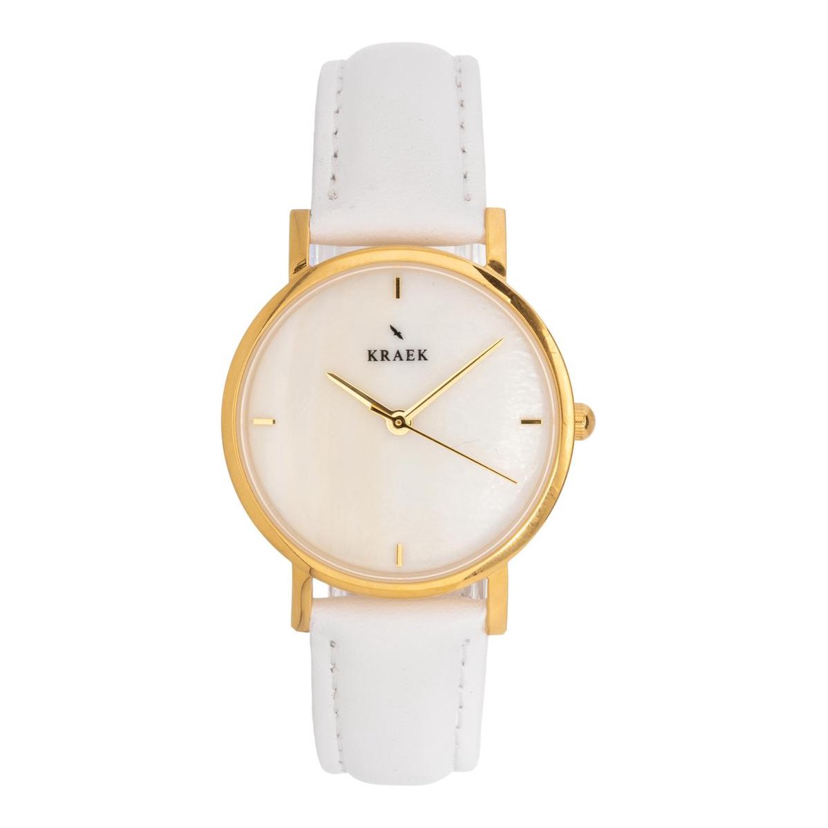KRAEK Jasmine Goud Wit 32 mm | Dames Horloge | Wit leren horlogebandje | Minimaal Design | Véjile collectie