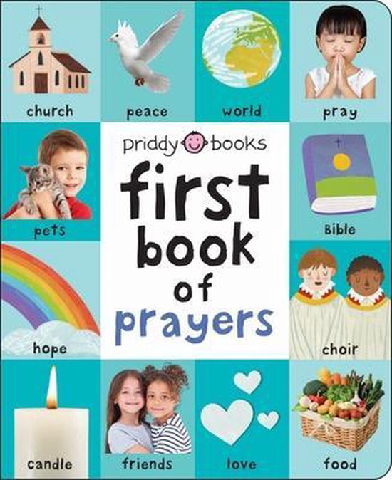 Boek met afbeeldingen van een kerk, duif, wereld, biddend kind, kat, regenboog, kaars, kinderen, hartjes, mand met eten, Bijbel en koor.