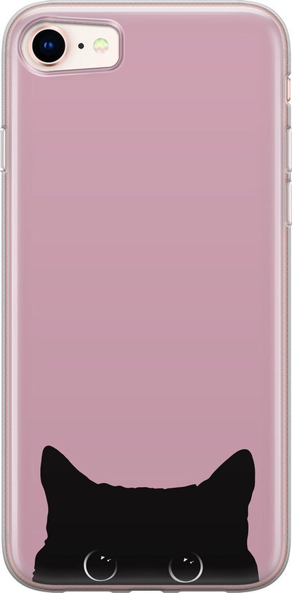 Hoesje geschikt voor iPhone SE (2020) - Zwarte kat - Soft Case - TPU - Print - Roze - Mooie Telefoonhoesjes